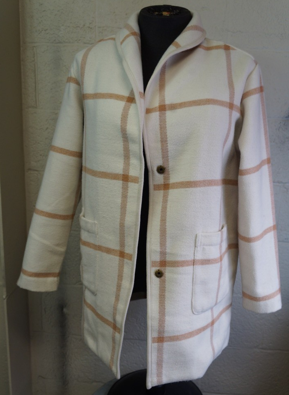Marine Layer Liverpool Shawl-Collar Coatigan Cream Camel Windowpane Plaid Sz M